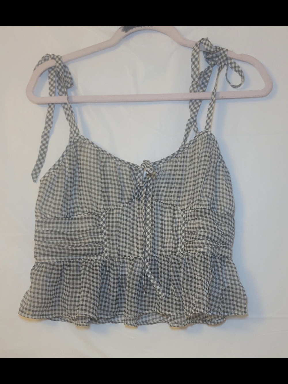 American Eagle Outfitters Black & White Gingham Tie-Shoulder Peplum Cami